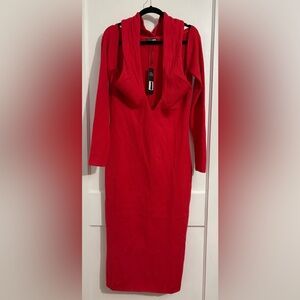 Fashion Nova Red Long-Sleeve Ribbed Cutout Liana Knot Sweater Midi Dress